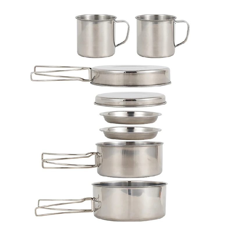 Camping Cooking Kits - 8 ชิ้น/เซ็ต ชุดเครื่องครัวสำหรับตั้งแคมป์ ชุดหม้อและกระทะสแตนเลส พร้อมจาน ถ้วย
