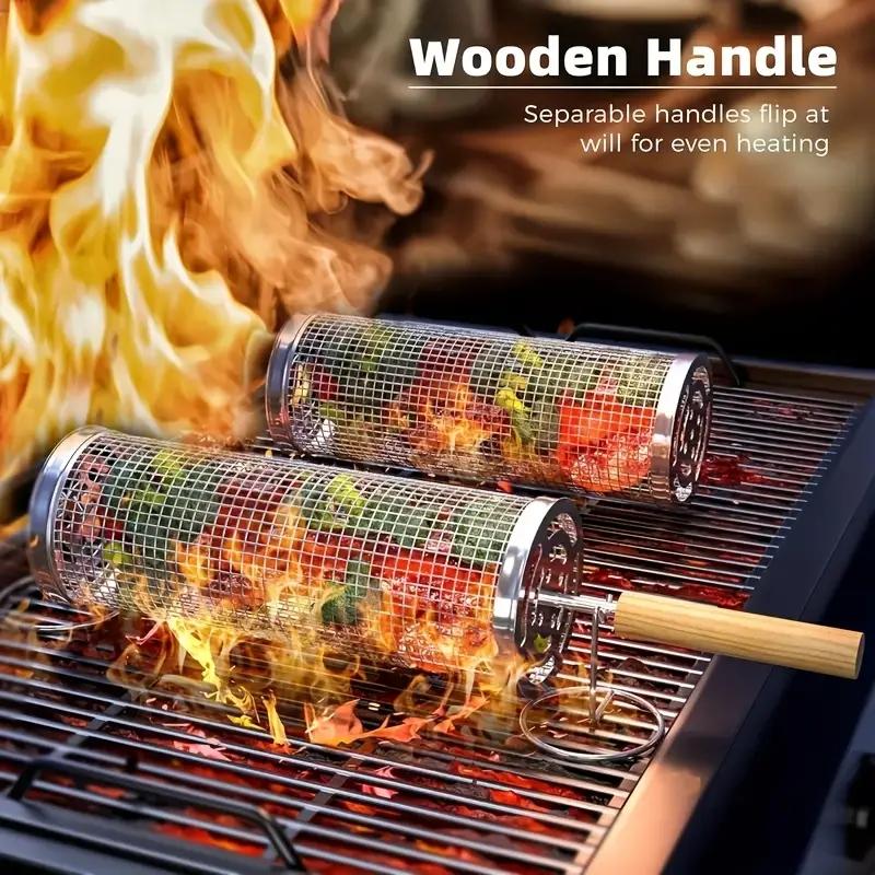 Cooking Outdoor Camping - ชุดตะกร้าย่างบาร์บีคิวทรงกลมทำจากสแตนเลสเกรดอาหาร, ตะแกรงย่างทรงกระบอกสำหรับทำอาหารกลางแจ้งและตั้งแคมป์