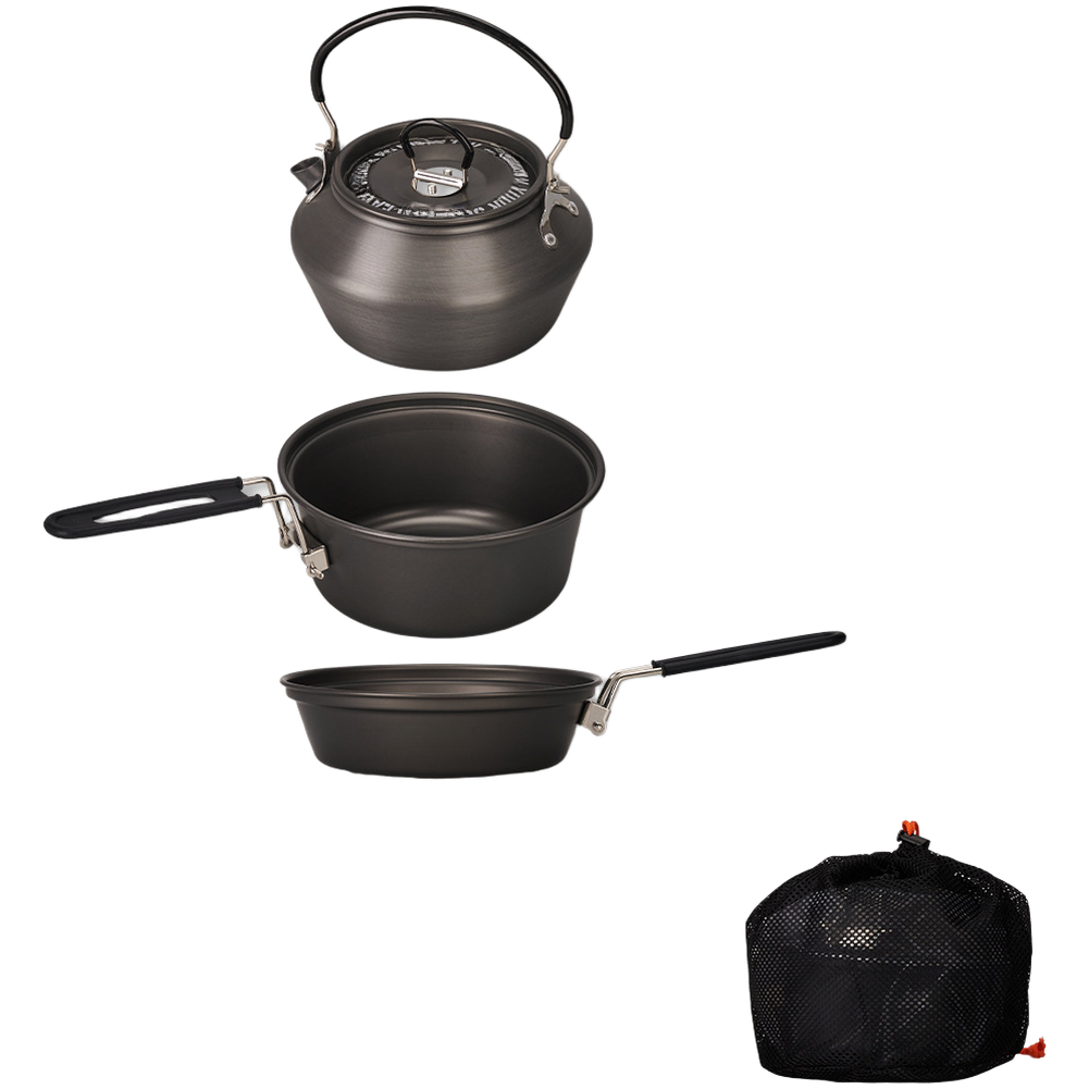 Camping Lightweight Cooking Pot - ชุดเครื่องครัวแคมป์ปิ้งอลูมิเนียมอัลลอยน้ำหนักเบา 3 ชิ้น หม้อ กระทะ กาต้มน้ำ