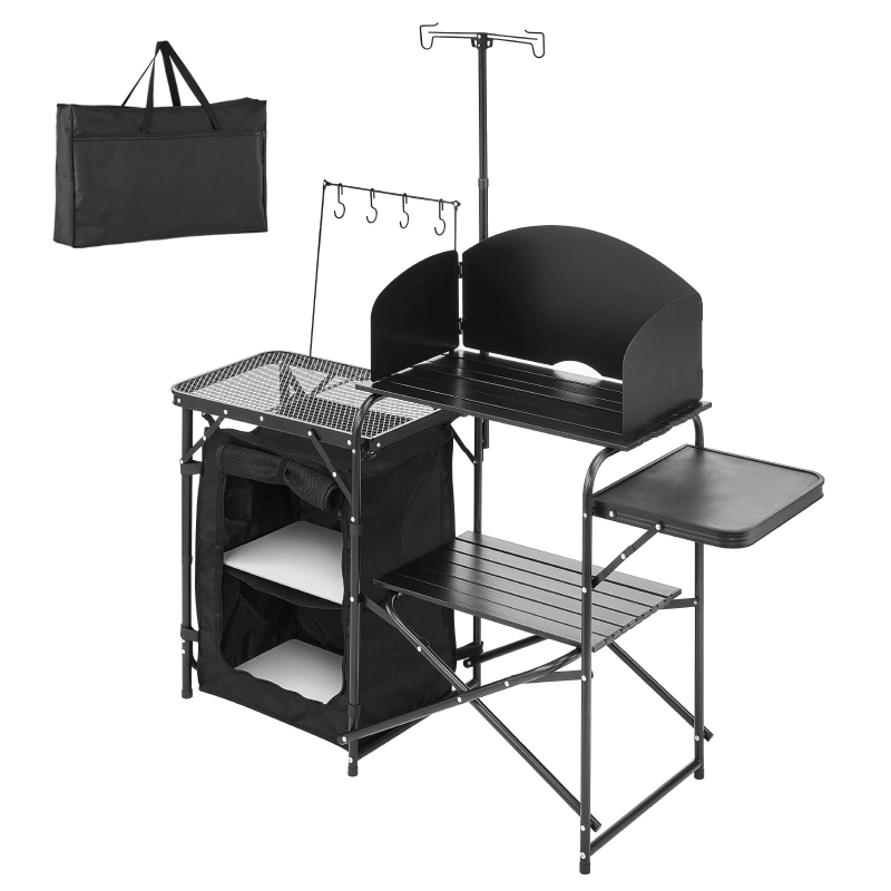 Camping Cooking Cupboard - โต๊ะครัวแคมป์ปิ้งแบบพับได้ ชุดครัวอลูมิเนียมแบบพกพา พร้อมตู้เก็บของ กระเป๋าหิ้ว และฉากกั้นลม