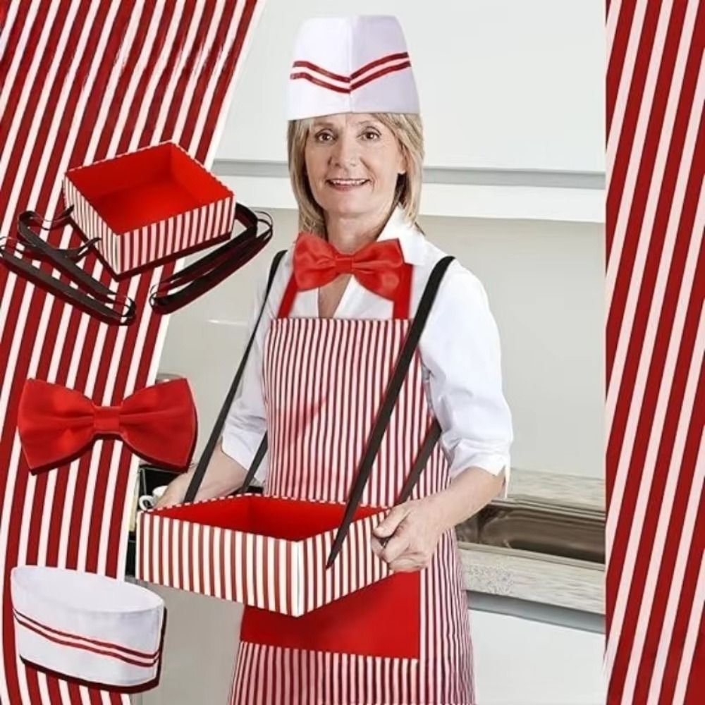Camping Cooking Apron - คาร์นิวัล ซีร์คัส เสื้อคลุมเชฟพร้อมหมวก ลายทางสีแดงและสีขาว ชุดคอสเพลย์ธีมปาร์ตี้ ชุดยูนิฟอร์มครัวสำหรับผู้หญิงและผู้ชาย