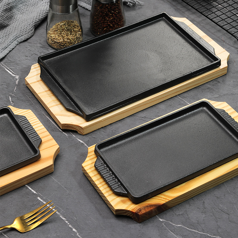 Camping Cooking Griddle - เตาเทปปันยากิเหล็กหล่อ รูปทรงสี่เหลี่ยมผืนผ้า พร้อมฐานไม้ สำหรับย่างสเต็ก ปลา บาร์บีคิว