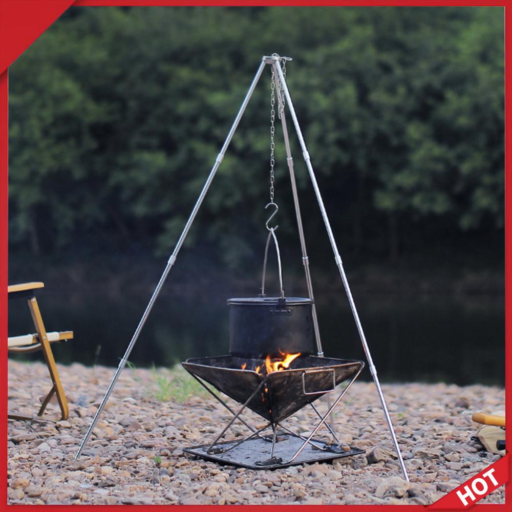 Camping Cooking Pot Tripod - ขาตั้งเตาแบบพกพาสำหรับทำอาหารกลางแจ้ง ขาตั้งแบบถอดได้ โครงหม้อทำอาหารจากอลูมิเนียมอัลลอยด์ พร้อมโซ่สแตนเลส อุปกรณ์เสริมสำหรับการตั้งแคมป์