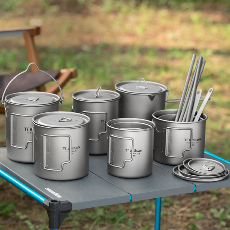 Camping Cooking Utensil Set - Tiartisan ไทเทเนียมกลางแจ้งน้ําหนักเบาแบบพกพาชากาแฟถ้วยพับ Camping แก้วน้ําสําหรับเดินป่าการเดินทาง