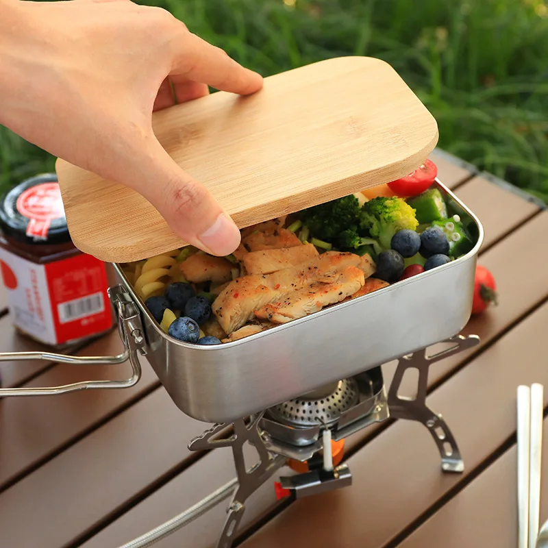 Camp Cutting Board - 304 สแตนเลสกล่องอาหารกลางวันกล่องอาหารกลางวันแบบพกพากลางแจ้งCampingทําอาหารเขียงไม้ป่ากล่องบนโต๊ะอาหารGrainคอนเทนเนอร์