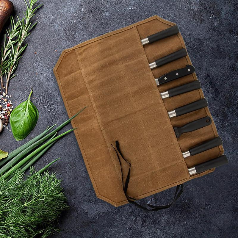 Camping Cooking Rack - กระเป๋าใส่มีดเชฟผ้าแคนวาสเคลือบแว็กซ์ มีช่องเก็บของหลายช่อง โครงสร้างทนทาน กระเป๋าใส่มีดพกพา ที่เก็บมีดในครัวแบบพกพา สำหรับการตั้งแคมป์กลางแจ้ง