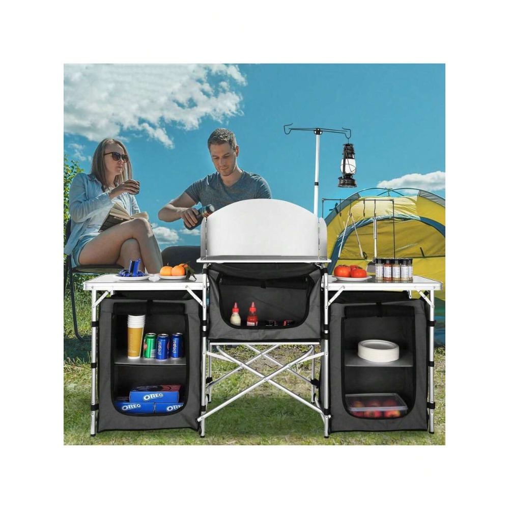 Camping Cooking Cupboard - โต๊ะครัวพับได้สำหรับตั้งแคมป์พร้อมตู้เก็บของ 3 ตู้และแผงกันลมที่ถอดออกได้, สถานีทำอาหารกลางแจ้งที่ทำจากอะลูมิเนียมแข็งแรงทนทาน, ติดตั้งง่ายพร้อมกระเป๋าเก็บของ, โต๊ะเตรียมอาหารแบบพกพาสำหรับปิกนิกและบาร์บีคิว,