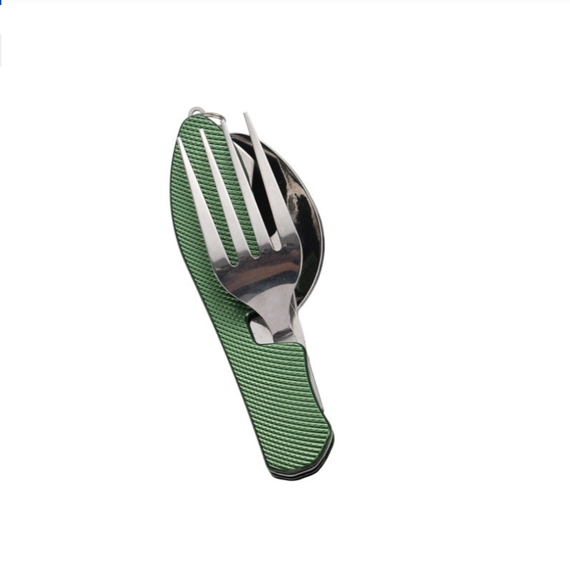 Camping Cooking And Cutlery Set - ชุดช้อนส้อมสแตนเลสแบบพับได้, ชุดมีดและส้อมแบบพกพาในตัว, อุปกรณ์รับประทานอาหารโลหะที่นำกลับมาใช้ใหม่ได้สำหรับการตั้งแคมป์และปิกนิก