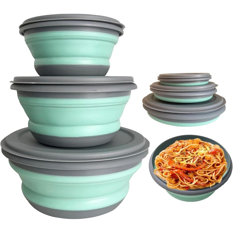 Camping Cooking Dishes - ชุดกล่องอาหารกลางวันซิลิโคนพับได้ 3 ชิ้น, ชามพับได้แบบพกพาสำหรับปิกนิก แคมป์ปิ้ง เดินป่า,