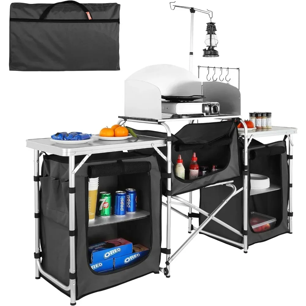 Camping Cooking Cupboard - โต๊ะในครัวตั้งแคมป์, โต๊ะทําอาหารกลางแจ้งแบบพับได้พร้อมกระเป๋าเก็บของ, ตู้อลูมิเนียม Cook Station 3