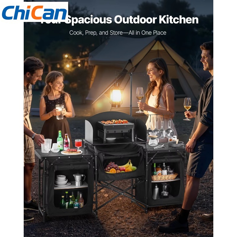 Camping Cooking Cupboard - 【สินค้าขายดี】โต๊ะครัวแคมป์ปิ้ง VEVOR อลูมิเนียมแบบพกพา พร้อมตู้เก็บของ 3 ช่อง