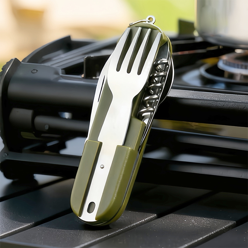 Camping Cooking And Cutlery Set - ชุดช้อนส้อมสแตนเลส 7in1 สำหรับแคมป์ปิ้ง - ชุดอุปกรณ์รับประทานอาหารกลางแจ้งแบบพับได้อเนกประสงค์ พร้อมส้อม