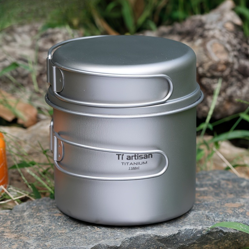 Camping Lightweight Cooking Pot - ชุดเครื่องครัวไทเทเนียมบริสุทธิ์พร้อมด้ามจับ น้ำหนักเบาพิเศษ พกพาสะดวก ชุดหม้อพับได้สำหรับทำอาหาร อุปกรณ์ครัวสำหรับตั้งแคมป์กลางแจ้ง