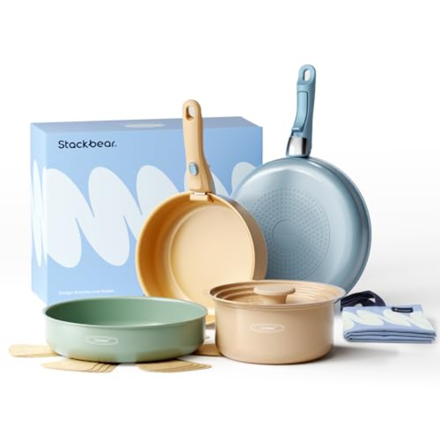 Camping Cooking Set Detachable Handle - ชุดเครื่องครัวเซรามิก หม้อและกระทะแบบถอดด้ามจับได้ ไม่ติดกระทะ ชุดทำอาหารสำหรับแคมป์ปิ้ง 12 ชิ้น