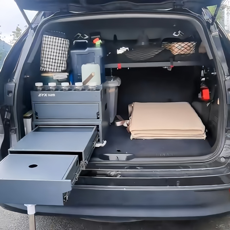 Camping Cooking Rack - กล่องเก็บของในครัวสำหรับแคมป์ปิ้ง กล่องครัวแบบเลื่อนออกได้สำหรับรถออฟโรด กล่องครัวสแตนเลสแบบยืดหดได้สำหรับท้ายรถ กล่องจัดระเบียบท้ายรถ SUV
