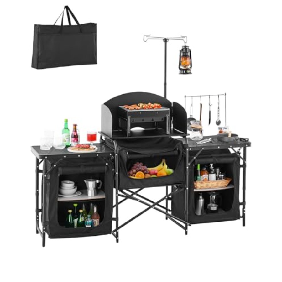 Camping Cooking Cupboard - โต๊ะครัวแคมป์ปิ้ง, โต๊ะทำอาหารกลางแจ้ง, สถานีทำอาหารแบบพกพาอะลูมิเนียมพร้อมตู้เก็บของ 3 ช่อง, กระเป๋าหิ้ว,