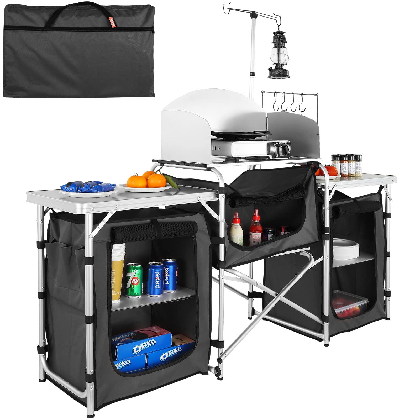 Camping Cooking Cupboard - โต๊ะทำอาหารพับได้สำหรับกิจกรรมกลางแจ้ง ทำจากอลูมิเนียม พร้อมตู้เก็บของ 3 ช่อง แผงกันลมแบบถอดได้