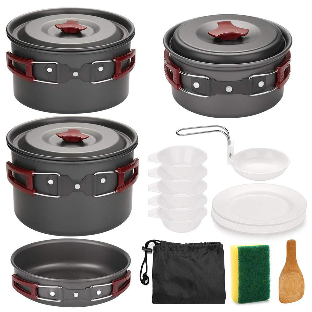Camping Cooking Kits - ชุดเครื่องครัวตั้งแคมป์กลางแจ้ง Non Stick Camping Pan กระทะน้ําหนักเบาชุดทําอาหารกระทะและหม้อสําหรับเดินป่าเดินป่าปิคนิค