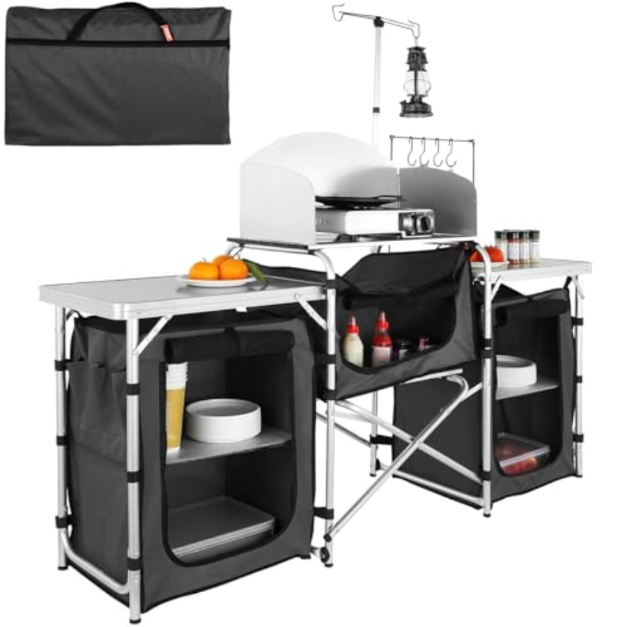 Camping Cooking Cupboard - โต๊ะครัวแคมป์ปิ้งแบบพับได้ พร้อมกระเป๋าเก็บของ โต๊ะทำอาหารกลางแจ้ง อลูมิเนียม 3 ตู้เก็บของ